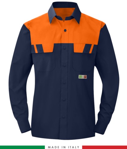 Two-tone multipro shirt, long sleeves, two chest pockets, Made in Italy, certified EN 1149-5, EN 13034, EN 14116:2008, color navy blue/ orange