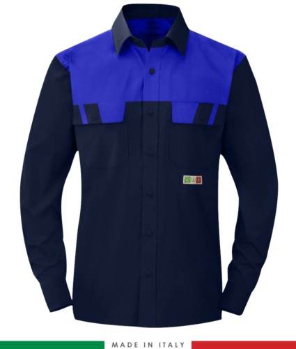 Two-tone multipro shirt, long sleeves, two chest pockets, Made in Italy, certified EN 1149-5, EN 13034, EN 14116:2008, color navy blue/royal blue
