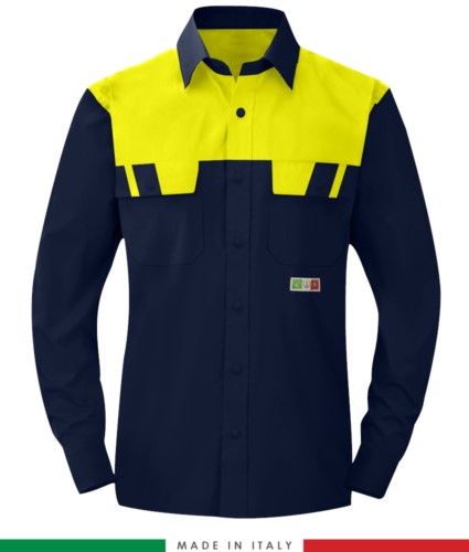 Two-tone multipro shirt, long sleeves, two chest pockets, Made in Italy, certified EN 1149-5, EN 13034, EN 14116:2008, color navy blue/yellow