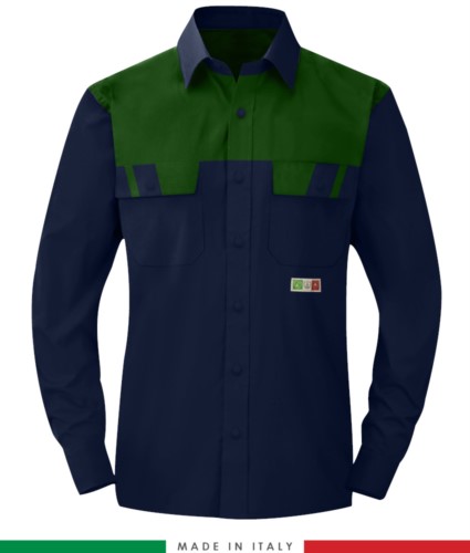 Two-tone multipro shirt, long sleeves, two chest pockets, Made in Italy, certified EN 1149-5, EN 13034, EN 14116:2008, color navy blue/ green