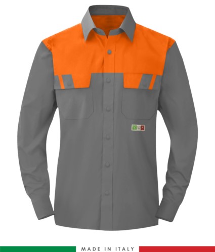 Two-tone multipro shirt, long sleeves, two chest pockets, Made in Italy, certified EN 1149-5, EN 13034, EN 14116:2008, color grey/orange