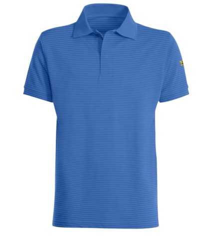 ESD antistatic polo shirt, short sleeve with 3 hidden buttons, certified En 1149-5, EN 61340-5-1:2007, color light blue and white