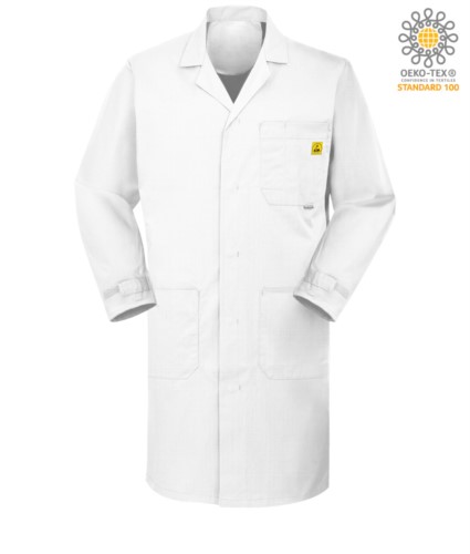 Antistatic ESD shirt with two side pockets and one chest pocket, button closures and adjustable cuffs with velcro, certified EN 1149-5, EN 61340-5-1:2007,colour medical white