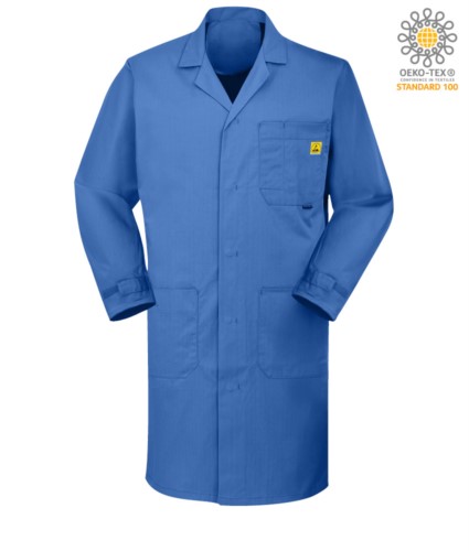 Antistatic ESD shirt with two side pockets and one chest pocket, button closures and adjustable cuffs with velcro, certified EN 1149-5, EN 61340-5-1:2007,colour medical light blue
