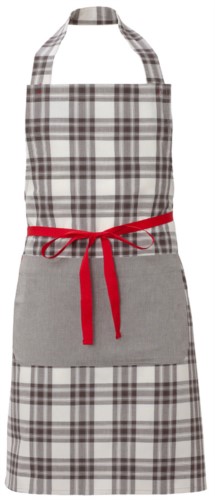 Chef apron, front closure with red ribbon, single side pocket, color check brown 