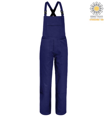 Fireproof bib and dungarees, large chest pocket, two side pockets, back pocket, adjustable straps, navy blue colour. CE certified, NFPA 2112, EN 11611, EN 11612:2009, ASTM F1959-F1959M-12