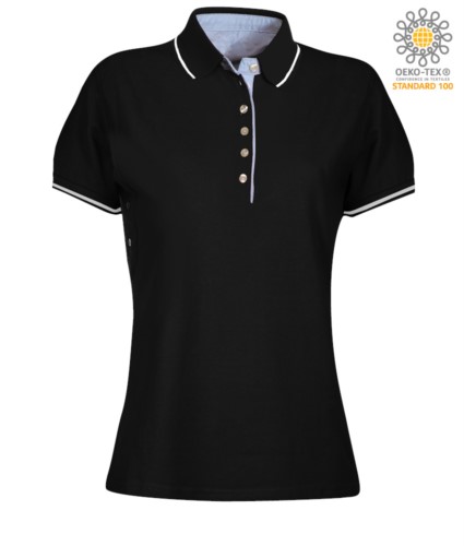 Women two tone short sleeved polo shirt, light blue Oxford interior, collar and sleeves with contrasting detail. black / white colour