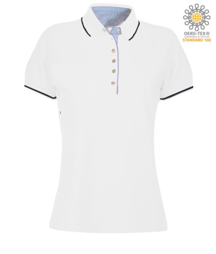 Women two tone short sleeved polo shirt, light blue Oxford interior, collar and sleeves with contrasting detail. white / navy blue colour