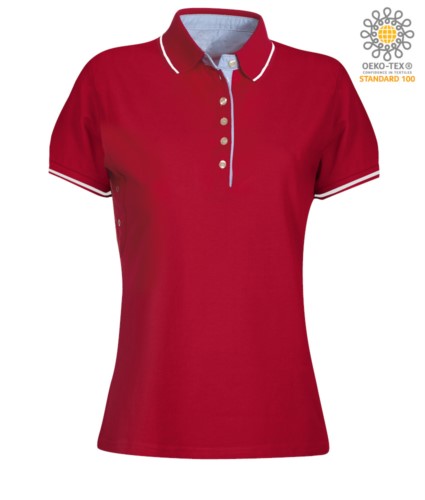 Women two tone short sleeved polo shirt, light blue Oxford interior, collar and sleeves with contrasting detail. red / white colour