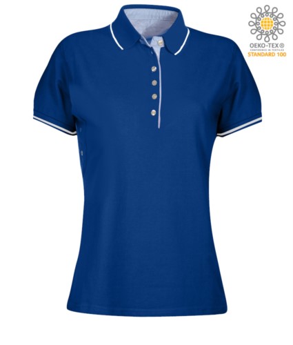 Women two tone short sleeved polo shirt, light blue Oxford interior, collar and sleeves with contrasting detail. Royal Blue / White colour