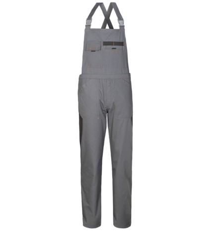 Two tone work overalls with contrasting colour inserts, two chest pockets. Colour grey black