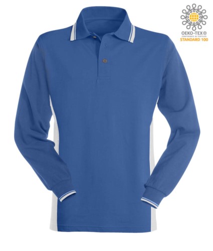 Two tone long sleeve polo, double piping on the collar, cuffs and side band. Colour royal blue / white