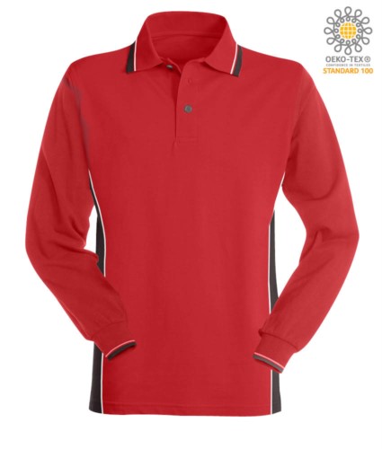Two tone long sleeve polo, double piping on the collar, cuffs and side band. Colour red/grey
