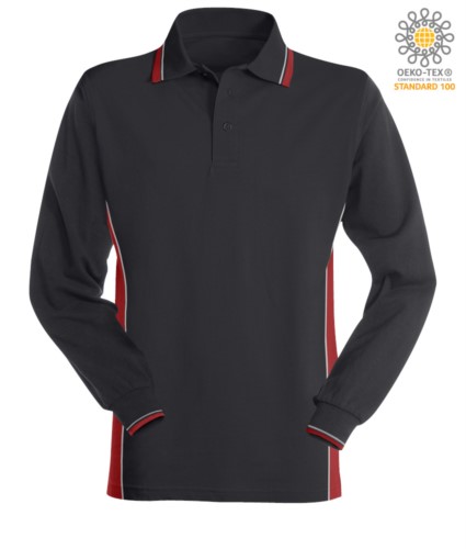 Two tone long sleeve polo, double piping on the collar, cuffs and side band. Colour navy blue/ red