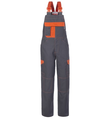 Two tone multi pocket dungarees with contrasting stitching. Colour grey and orange