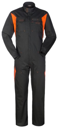 Two-tone work suit with Korean collar, chest pockets, contrasting color inserts. Colour black  and orange