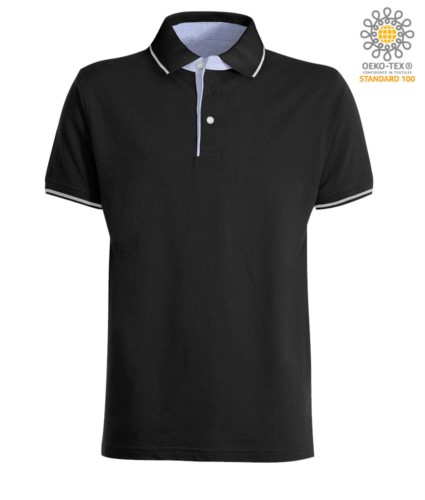 Two tone short sleeved polo shirt, light blue Oxford interior, collar and sleeves with contrasting detailing. black / white colour