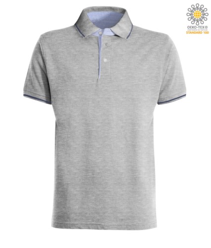 Two tone short sleeved polo shirt, light blue Oxford interior, collar and sleeves with contrasting detailing. melange grey / navy blue colour