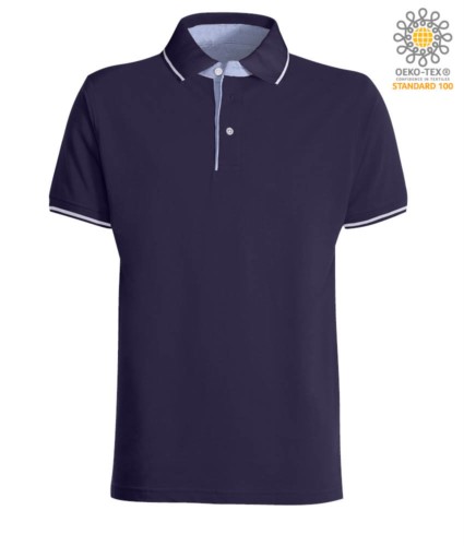 Two tone short sleeved polo shirt, light blue Oxford interior, collar and sleeves with contrasting detailing. navy blue / white colour