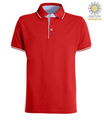 Two tone short sleeved polo shirt, light blue Oxford interior, collar and sleeves with contrasting detailing. red / white colour