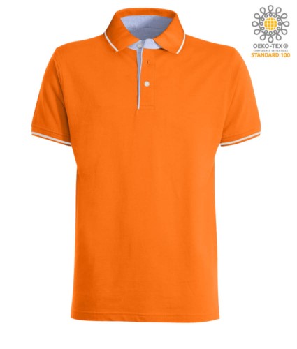 Two tone short sleeved polo shirt, light blue Oxford interior, collar and sleeves with contrasting detailing. Orange / white colour