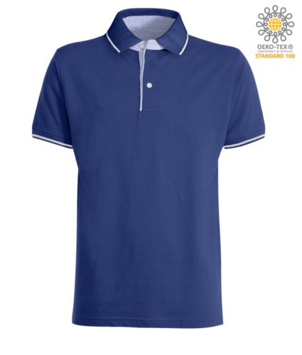 Two tone short sleeved polo shirt, light blue Oxford interior, collar and sleeves with contrasting detailing. Royal Blue / White colour