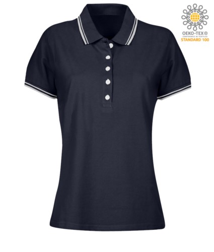 Women two tone work polo shirt with contrasting collar and sleeve ends. navy blue colour, white border