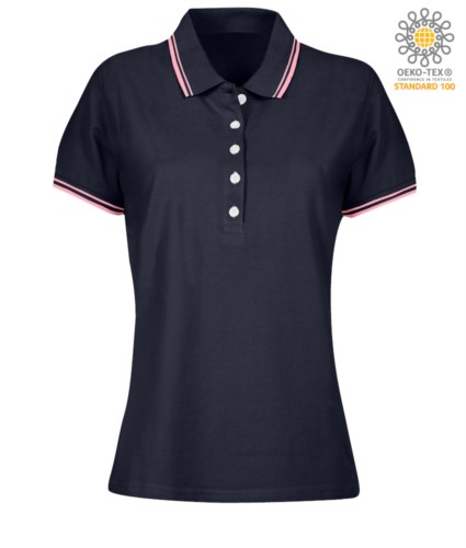 Women two tone work polo shirt with contrasting collar and sleeve ends. navy blue colour, fuchsia border