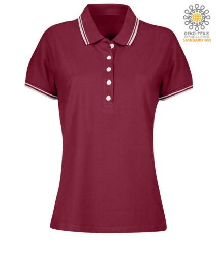 Women two tone work polo shirt with contrasting collar and sleeve ends. Burgundy colour, White border