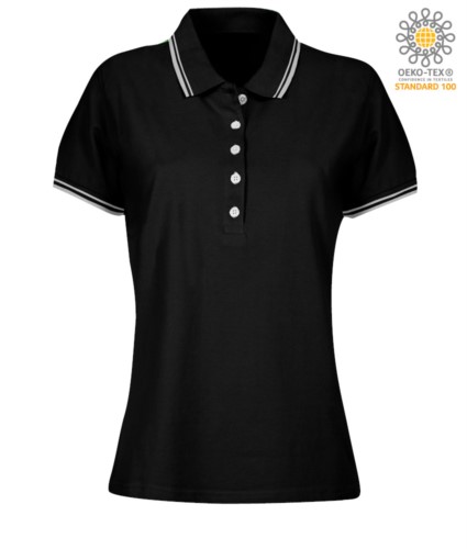 Women two tone work polo shirt with contrasting collar and sleeve ends. Black colour, white border