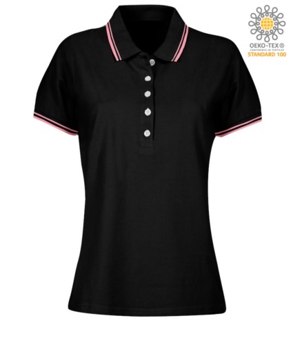 Women two tone work polo shirt with contrasting collar and sleeve ends. Black colour, fuchsia border