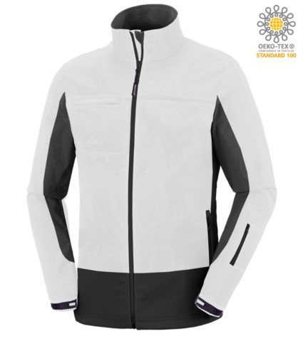 Two tone, waterproof, softshell jacket with concealed hood. Colour white & black