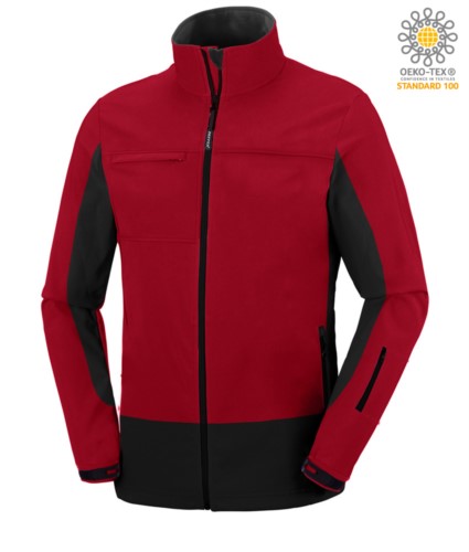Two tone, waterproof, softshell jacket with concealed hood. Colour red & black 