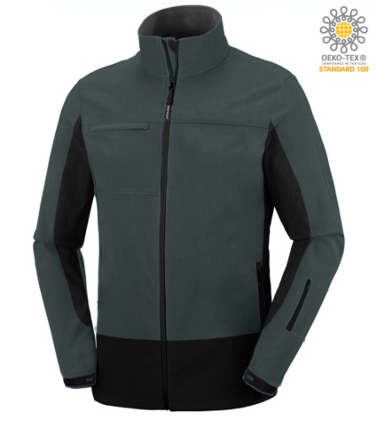 Two tone, waterproof, softshell jacket with concealed hood. Colour green & black 