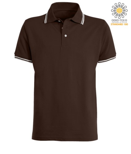 Two tone work polo shirt with contrasting collar and sleeve hem. Colour: brown, white trim
