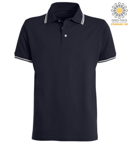 Two tone work polo shirt with contrasting collar and sleeve hem. Colour: navy Blue, white trim