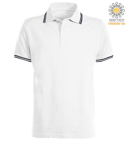 Two tone work polo shirt with contrasting collar and sleeve hem. Colour: white, navy blue trim