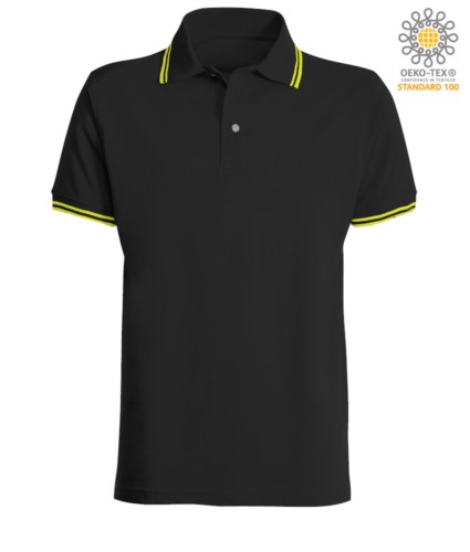Two tone work polo shirt with contrasting collar and sleeve hem. Colour: black, yellow trim