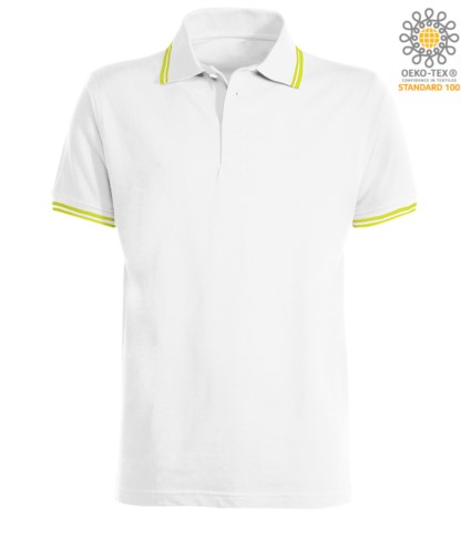 Two tone work polo shirt with contrasting collar and sleeve hem. Colour: white, yellow trim