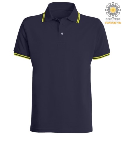 Two tone work polo shirt with contrasting collar and sleeve hem. Colour: navy Blue, yellow trim