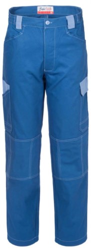Two tone multi pocket work trousers in non-shrinkable cotton with contrasting details and stitching. Colour light blue