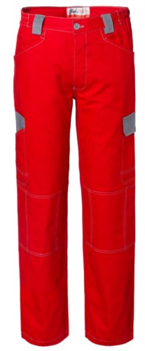 Two tone multi pocket work trousers in non-shrinkable cotton with contrasting details and stitching. Colour red & grey