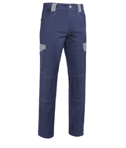 Two tone multi pocket work trousers in non-shrinkable cotton with contrasting details and stitching. Colour Blue and grey