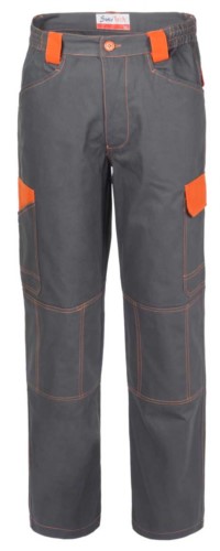 Two tone multi pocket work trousers in non-shrinkable cotton with contrasting details and stitching. Colour grey & orange