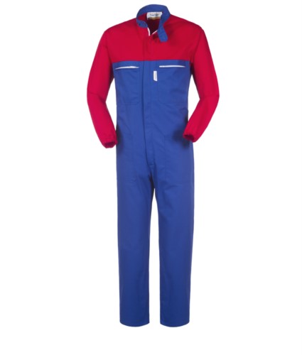 Two-tone full length workwear, Korean collar, contrasting sleeves, contrasting zipper, colour royal blue and red