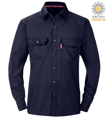 Fireproof shirt, cuffs with adjustable buttons, chest pockets, cooor navy blue. ASTM certified F1506-10a, NFPA 2112, NFPA 70E, EN 11612:2009, ASTM F1959-F1959M-12