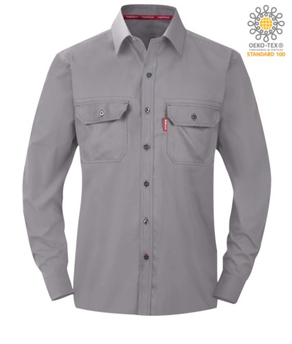 Fireproof shirt, cuffs with adjustable buttons, chest pockets, color grey. ASTM certified F1506-10a, NFPA 2112, NFPA 70E, EN 11612:2009, ASTM F1959-F1959M-12