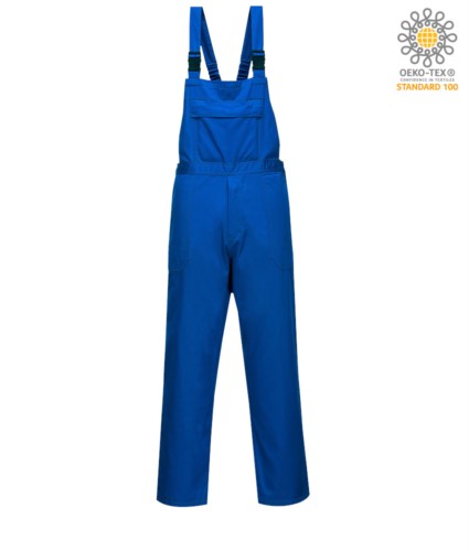 Firefighting bibs, central pocket, adjustable shoulder straps, certified EN 13034, colour royal blue 