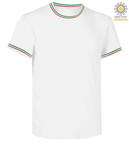 Round neck work T-shirt, collar and sleeve bottom in contrasting and stripes of color on the shoulders, color white