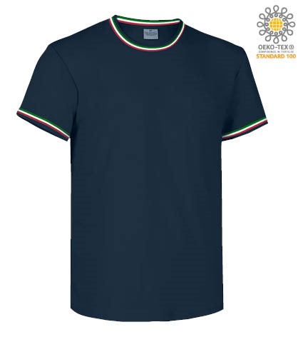 Round neck work T-shirt, collar and sleeve bottom in contrasting and stripes of color on the shoulders, color navy blue